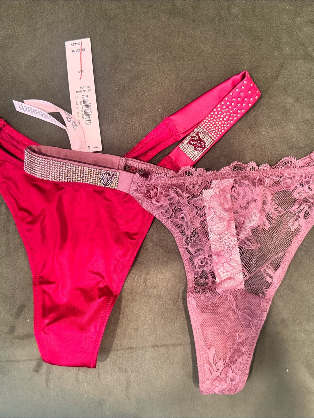 Victoria's Secret Hot Pink and Light Pink Lace & Satin Thong Set